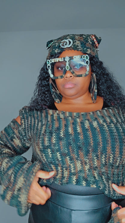 Camo Luxe Cold-Shoulder Crochet Sweater