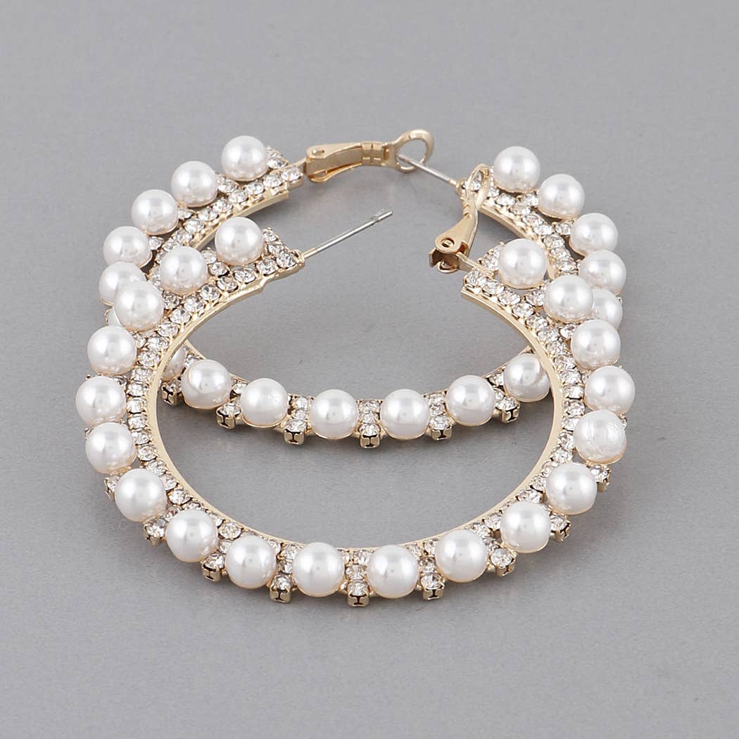 Pearl Lined Rhinestone Hoop Earrings