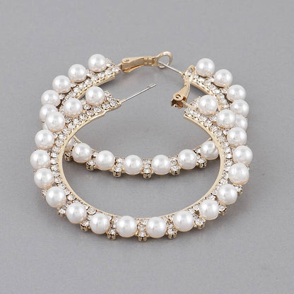 Pearl Lined Rhinestone Hoop Earrings