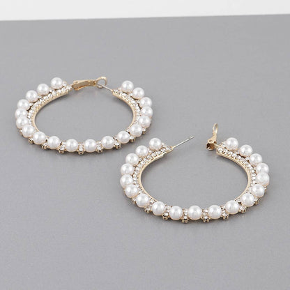 Pearl Lined Rhinestone Hoop Earrings