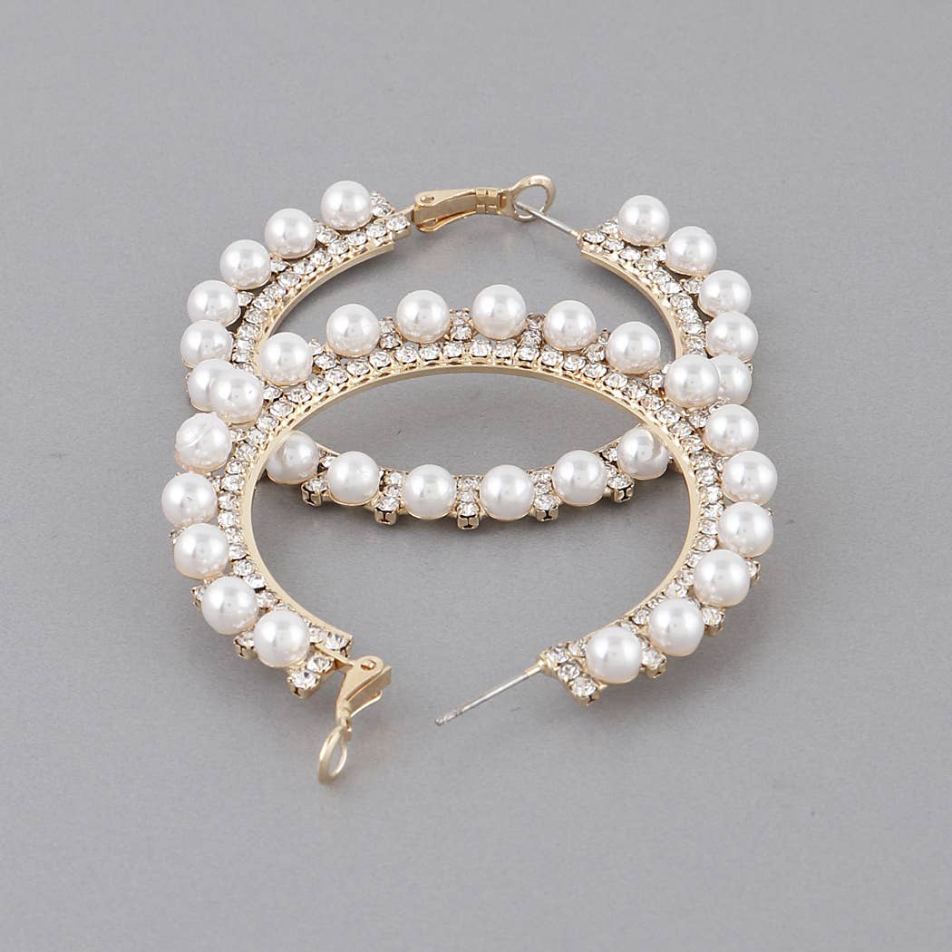 Pearl Lined Rhinestone Hoop Earrings