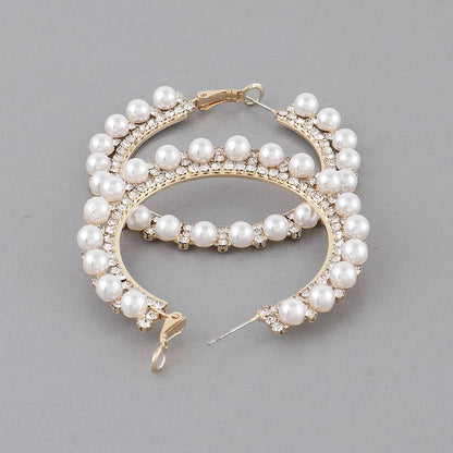 Pearl Lined Rhinestone Hoop Earrings