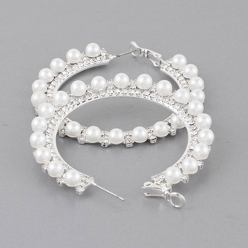 Pearl Lined Rhinestone Hoop Earrings