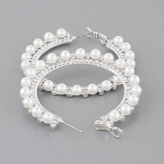 Pearl Lined Rhinestone Hoop Earrings